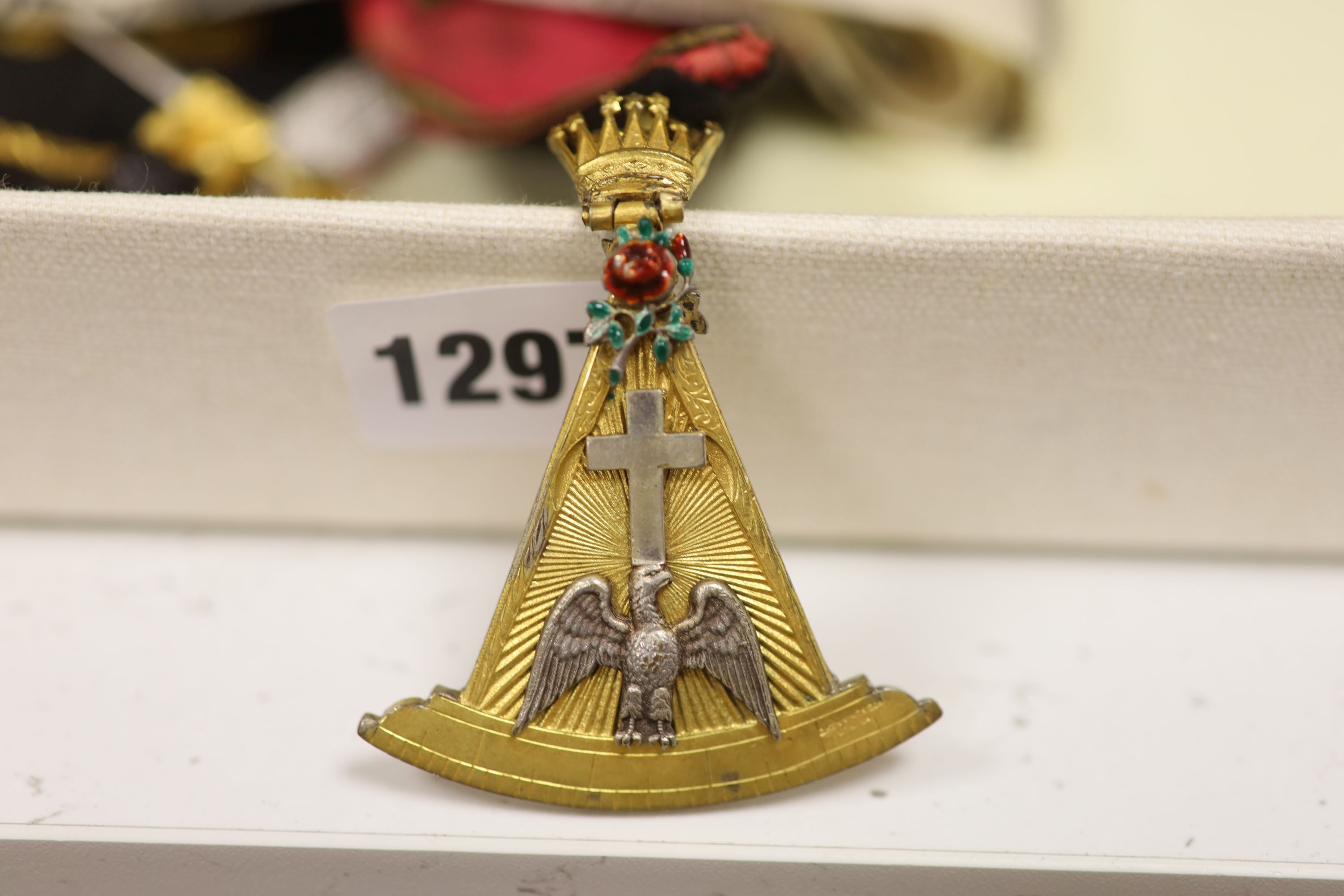 A late 19th early 20th century Masonic bullion worked embroidered and matching sash, plus a modern sash with silver gilt medallion and